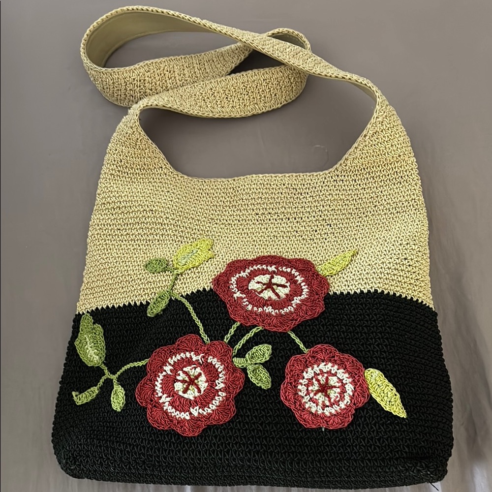 Liz Claiborne Black and Tan Shoulder Bag with Floral Accents